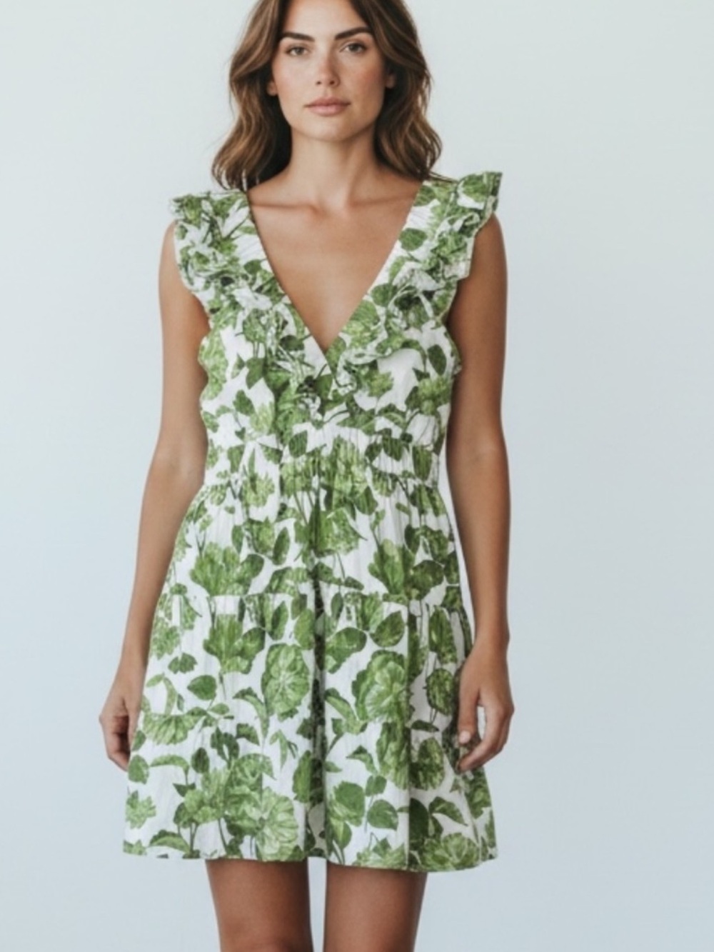 Abercrombie & Fitch Green Floral Ruffle V-Neck Sleeveless Tiered Dress Size XS - Picture 1 of 5